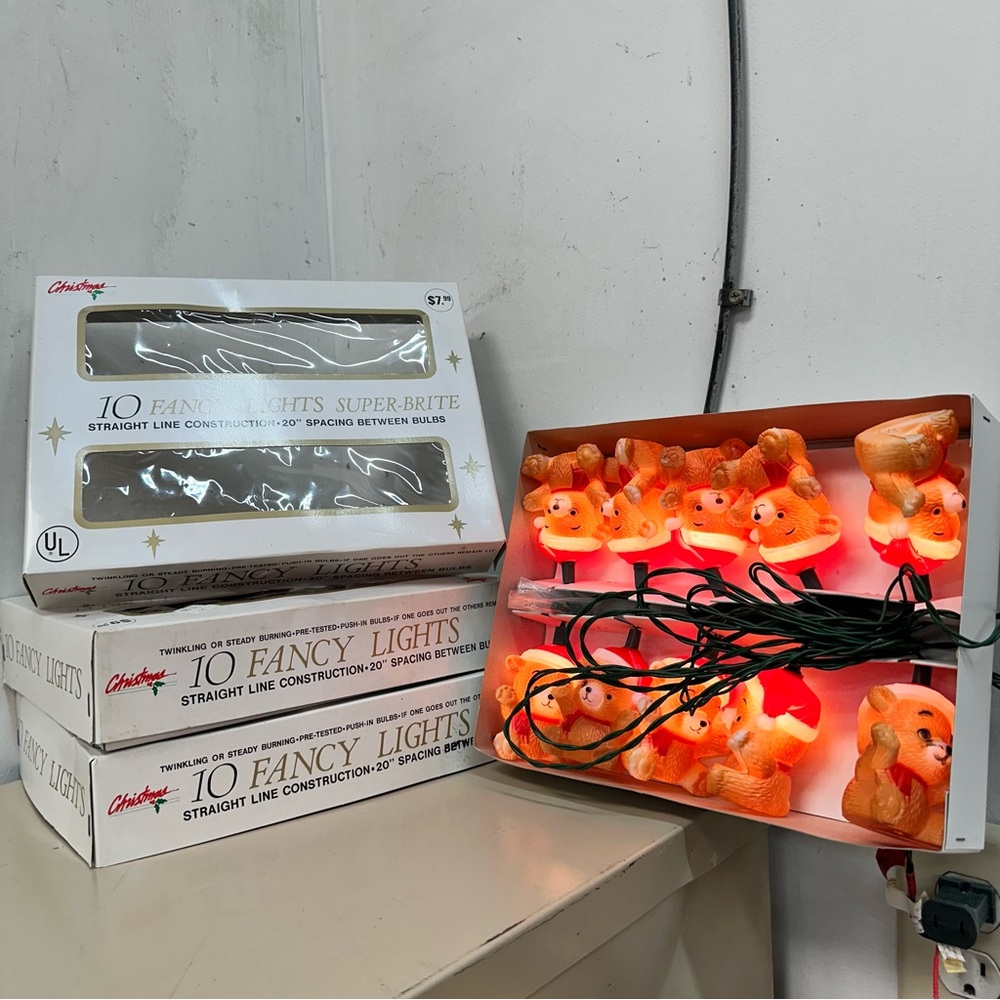 Vintage Christmas Blow Mold Teddy Bear String Light set of 10 3 boxes working